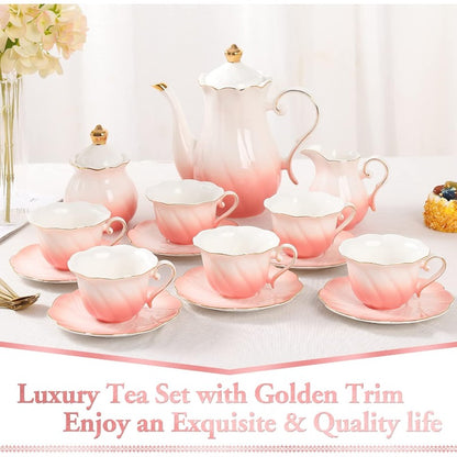 22-Piece Porcelain Tea Set for 6 – Luxury British Style Tea & Coffee Cups with Golden Trim