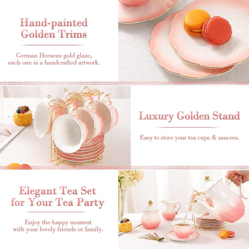 22-Piece Porcelain Tea Set for 6 – Luxury British Style Tea & Coffee Cups with Golden Trim