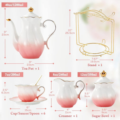 22-Piece Porcelain Tea Set for 6 – Luxury British Style Tea & Coffee Cups with Golden Trim
