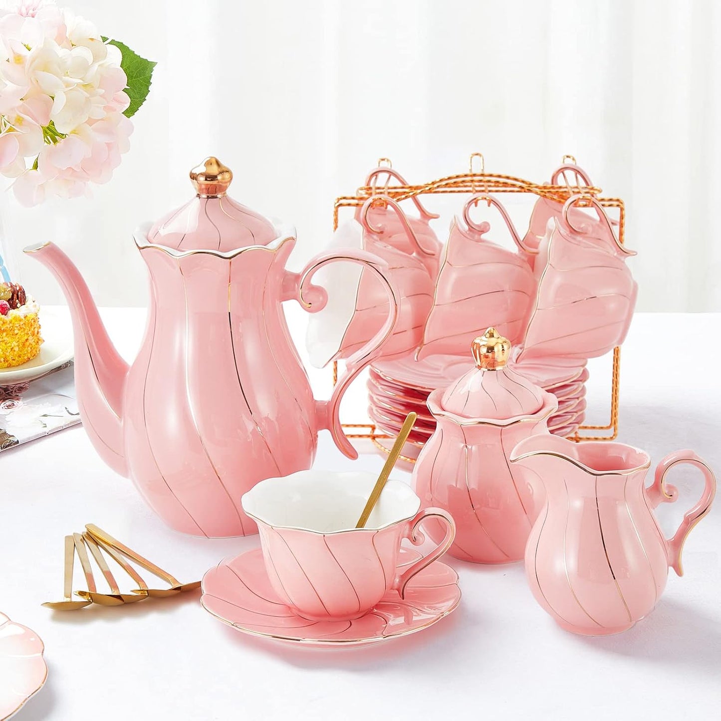 22-Piece Porcelain Tea Set for 6 – Luxury British Style Tea & Coffee Cups with Golden Trim