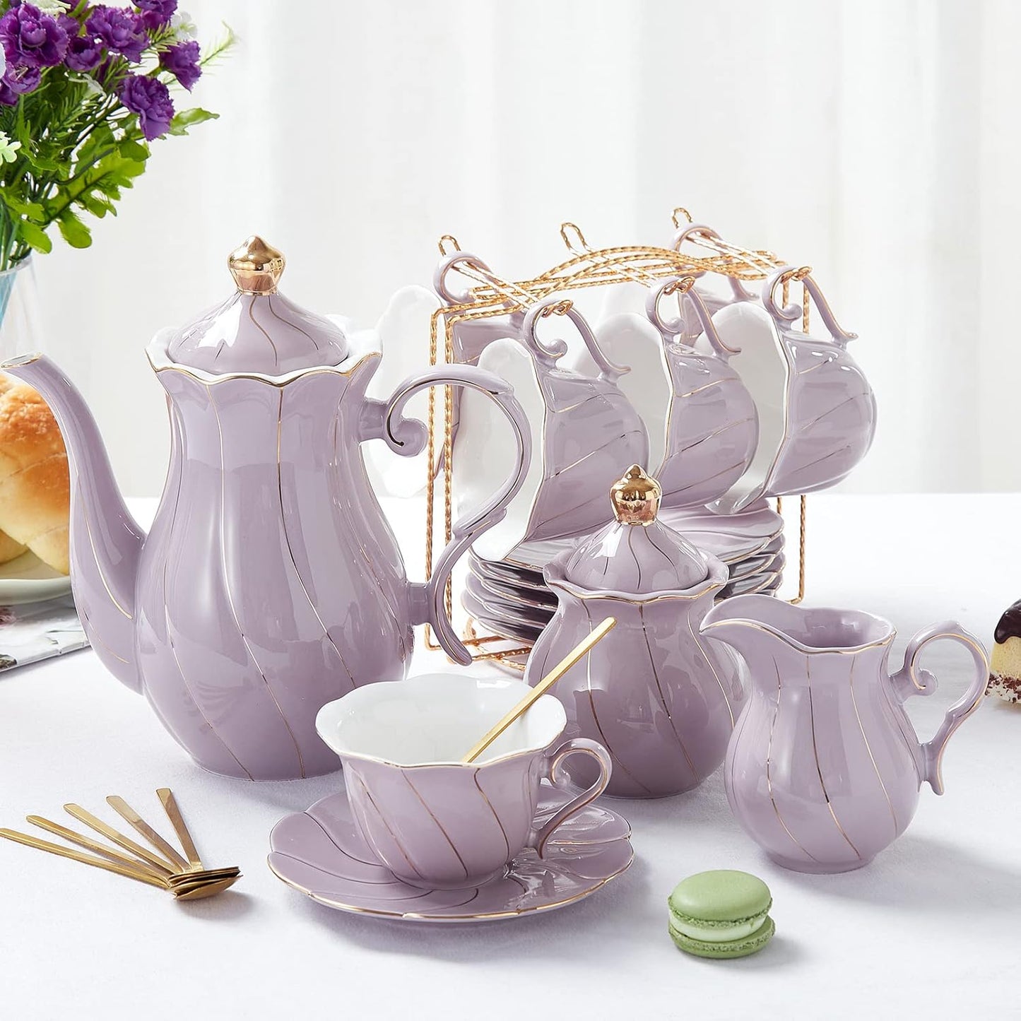 22-Piece Porcelain Tea Set for 6 – Luxury British Style Tea & Coffee Cups with Golden Trim
