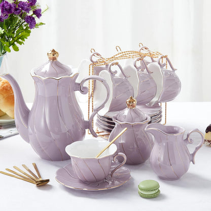 22-Piece Porcelain Tea Set for 6 – Luxury British Style Tea & Coffee Cups with Golden Trim