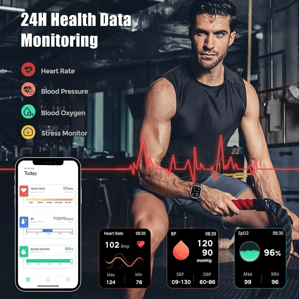 New Blood Pressure Smart Watch Men Military Fitness Tracker Bluetooth Call Wristwatch