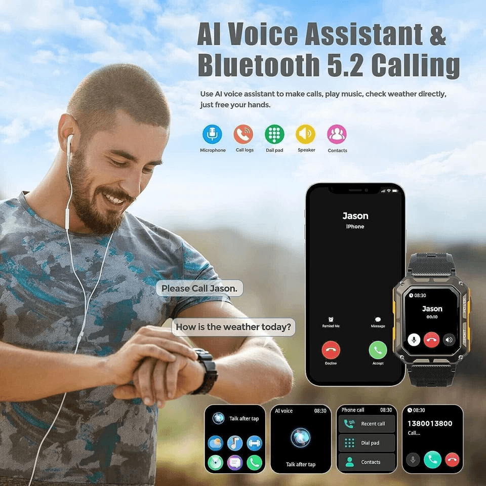 New Blood Pressure Smart Watch Men Military Fitness Tracker Bluetooth Call Wristwatch