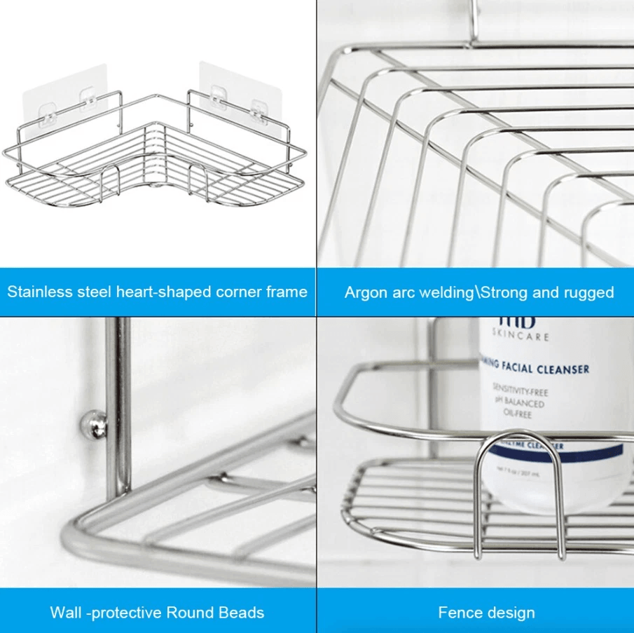 Rustproof Shower Caddy Shelf for Bathroom Corner, Triangular Bath Storage Organizer Rack with Strong Adhesive Mount
