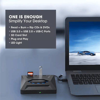 External CD DVD Drive USB, Writer Burner Player for PC Laptop Windows Mac, Portable Optical Drive with SD/USB Hub