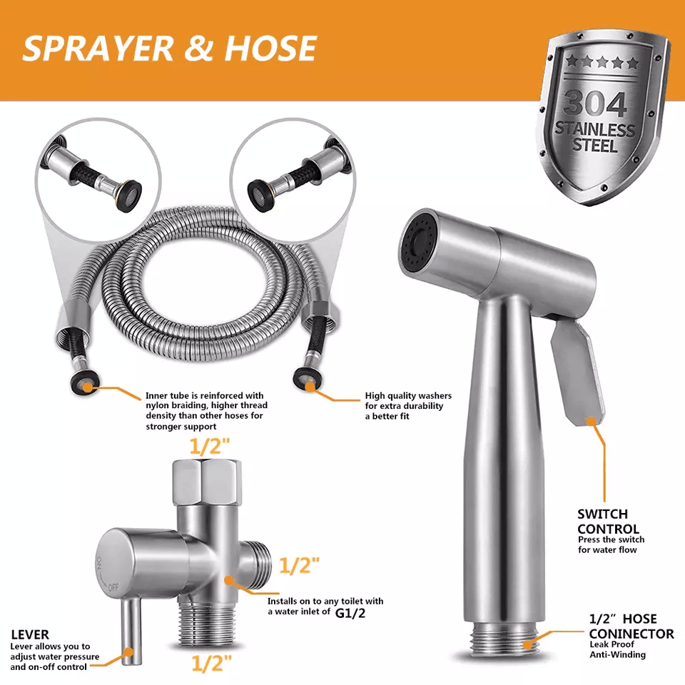 Stainless Steel Handheld Bidet Sprayer Kit with Hose & Adapter for Toilet Hygiene