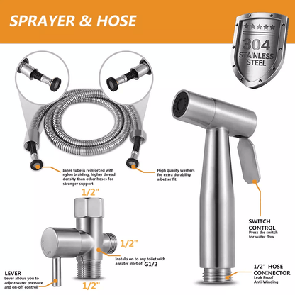 Stainless Steel Handheld Bidet Sprayer Kit with Hose & Adapter for Toilet Hygiene