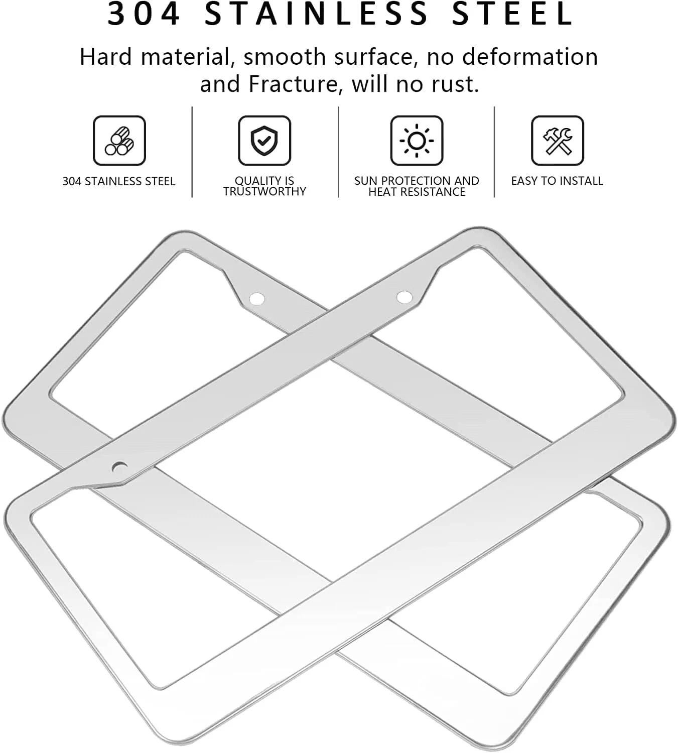 2PCS Chrome Stainless Steel License Plate Frame Set – Rust-Proof Metal Tag Covers with Screw Caps for U.S.