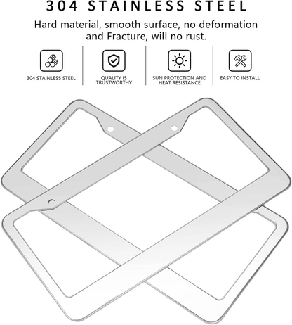 2PCS Chrome Stainless Steel License Plate Frame Set – Rust-Proof Metal Tag Covers with Screw Caps for U.S.
