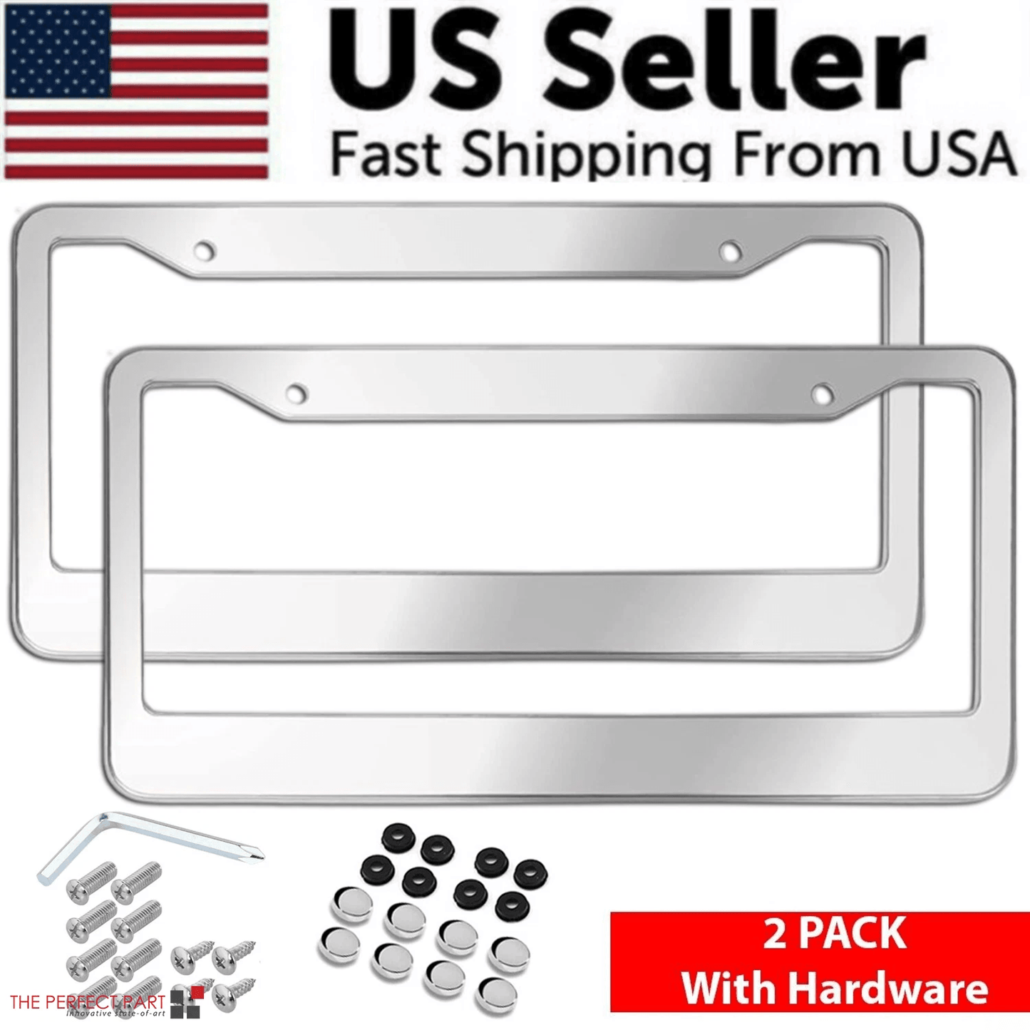 2PCS Chrome Stainless Steel License Plate Frame Set – Rust-Proof Metal Tag Covers with Screw Caps for U.S.