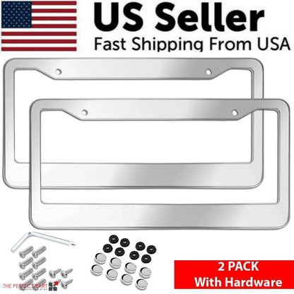 2PCS Chrome Stainless Steel License Plate Frame Set – Rust-Proof Metal Tag Covers with Screw Caps for U.S.
