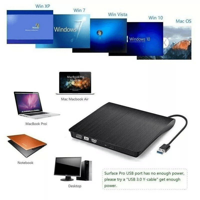 USB 3.0 Slim External CD DVD RW Drive Writer Burner Player, Compatible with Laptop PC & Mac, Portable & High-Speed