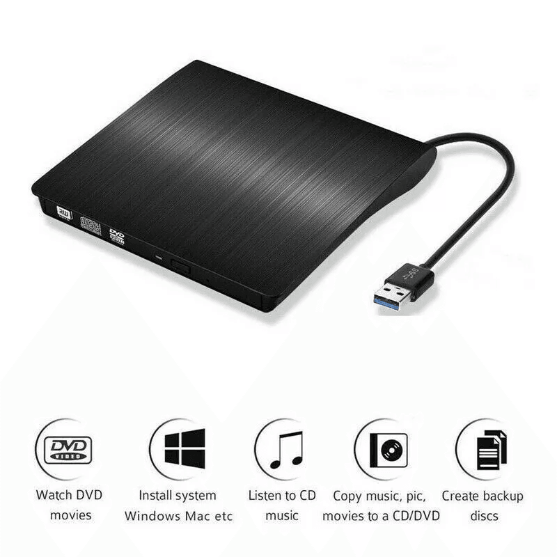 USB 3.0 Slim External CD DVD RW Drive Writer Burner Player, Compatible with Laptop PC & Mac, Portable & High-Speed