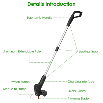 Cordless Electric Weed Trimmer & Lawn Edger with Rechargeable Battery and Extendable Pole