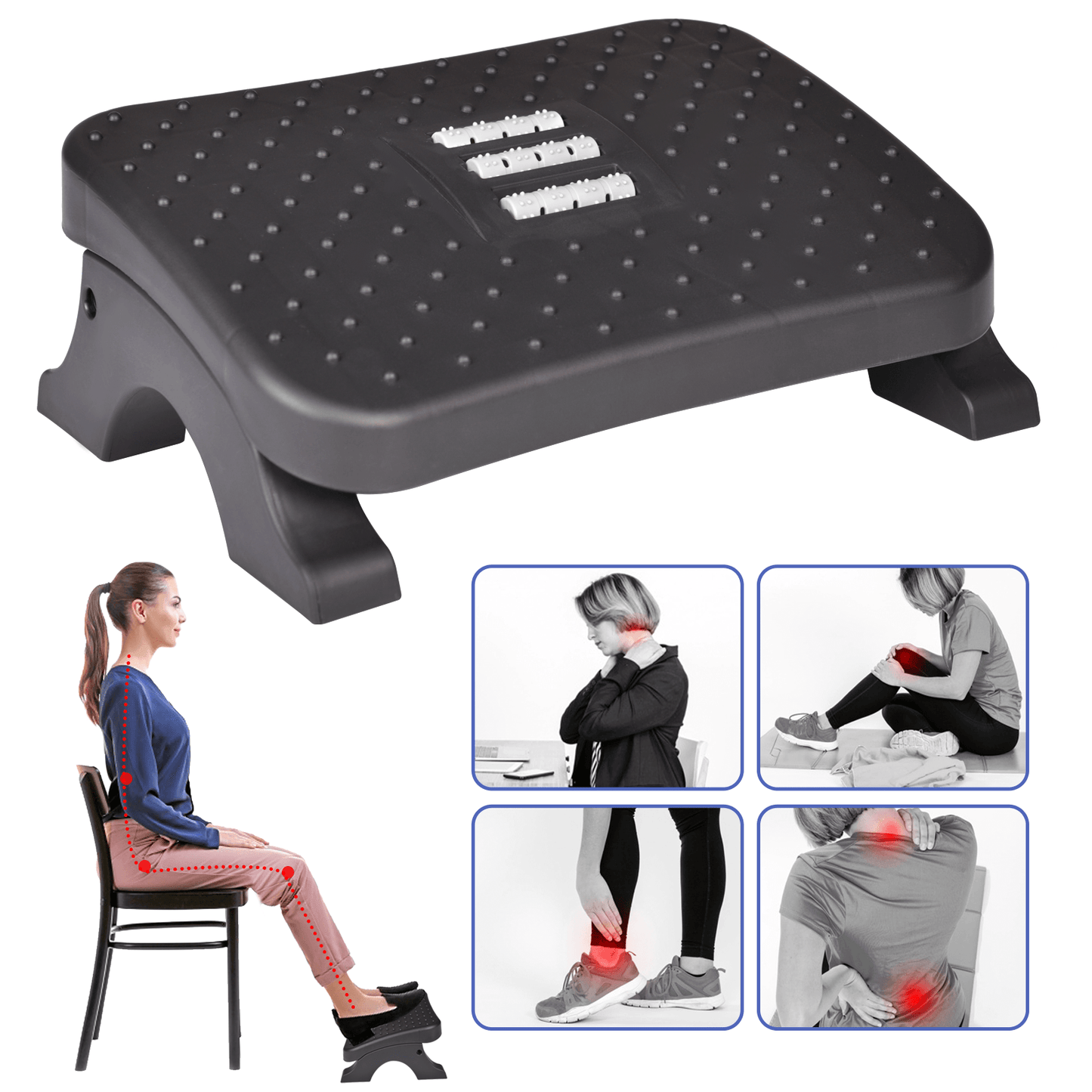 Ergonomic Under Desk Footrest with Massage Rollers, Pain Relief Leg Rest for Home Office Posture Correction