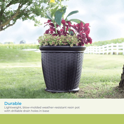 Suncast Willow Resin Wicker Patio Planter Pot, Java, Indoor Outdoor Decorative Garden Flower Pot