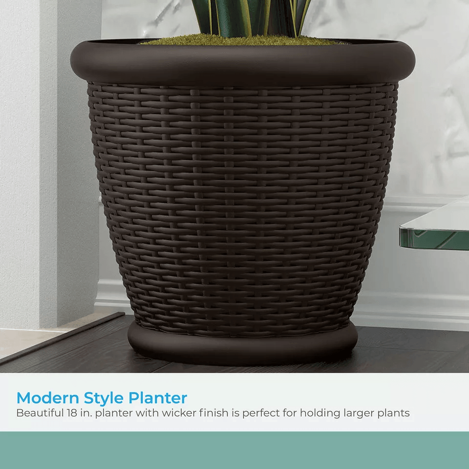 Suncast Willow Resin Wicker Patio Planter Pot, Java, Indoor Outdoor Decorative Garden Flower Pot