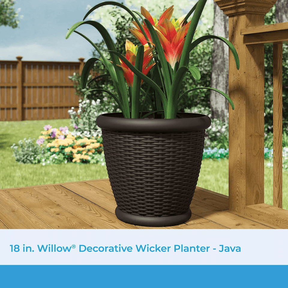 Suncast Willow Resin Wicker Patio Planter Pot, Java, Indoor Outdoor Decorative Garden Flower Pot