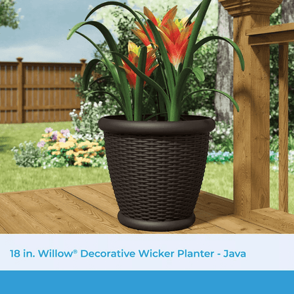 Suncast Willow Resin Wicker Patio Planter Pot, Java, Indoor Outdoor Decorative Garden Flower Pot