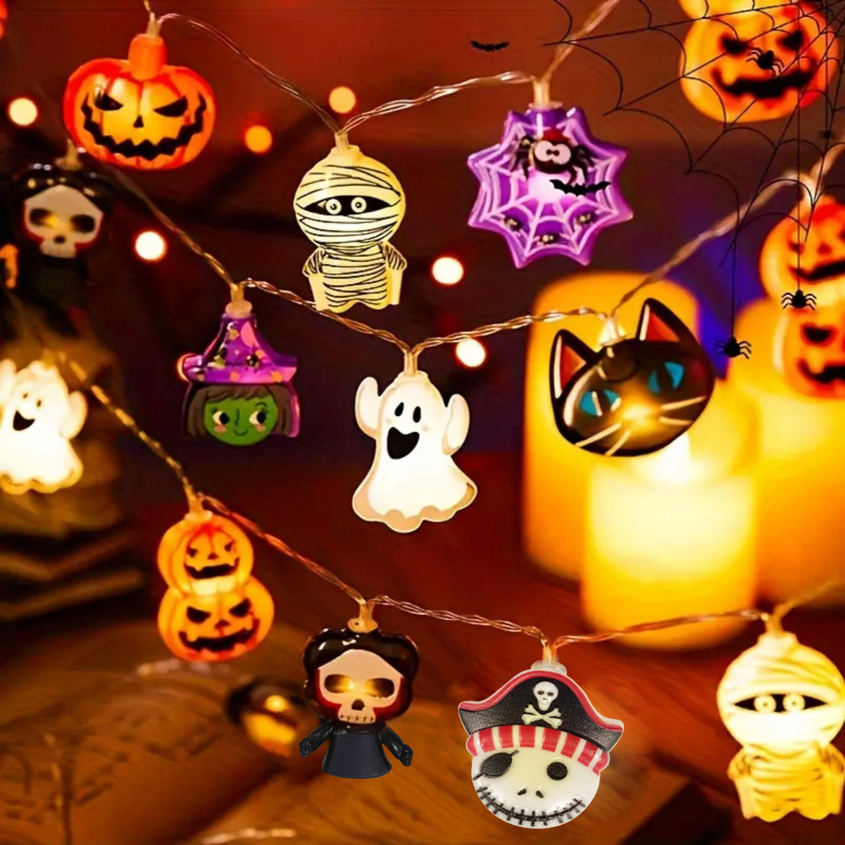 Halloween LED Battery Powered String Lights, Ghost, Witch, Cat, Pumpkin, Spider Web, Skeleton, Mummy & Pirate Shapes