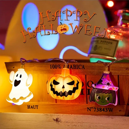 Halloween LED Battery Powered String Lights, Ghost, Witch, Cat, Pumpkin, Spider Web, Skeleton, Mummy & Pirate Shapes