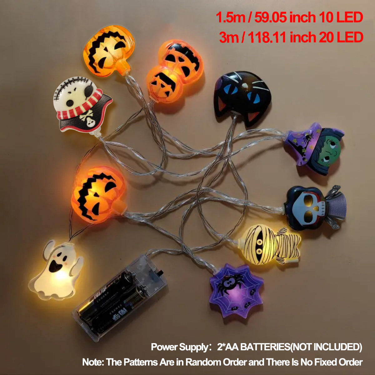 Halloween LED Battery Powered String Lights, Ghost, Witch, Cat, Pumpkin, Spider Web, Skeleton, Mummy & Pirate Shapes