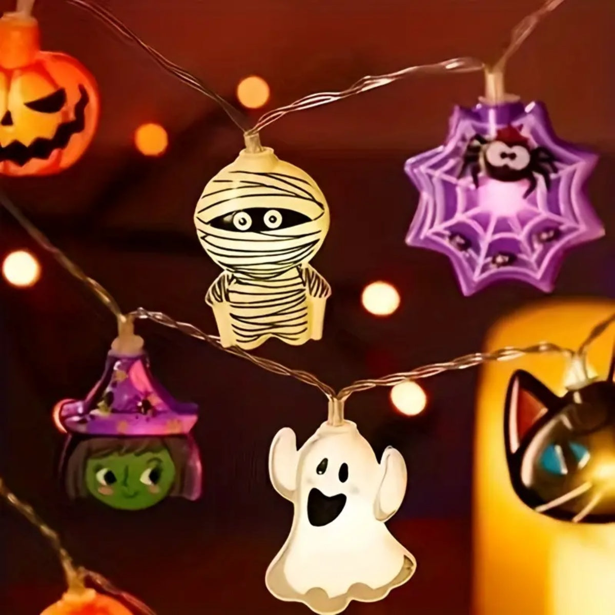 Halloween LED Battery Powered String Lights, Ghost, Witch, Cat, Pumpkin, Spider Web, Skeleton, Mummy & Pirate Shapes