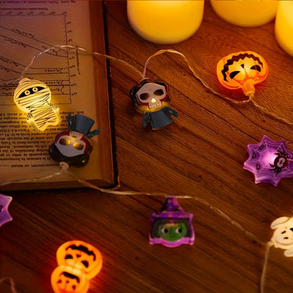 Halloween LED Battery Powered String Lights, Ghost, Witch, Cat, Pumpkin, Spider Web, Skeleton, Mummy & Pirate Shapes