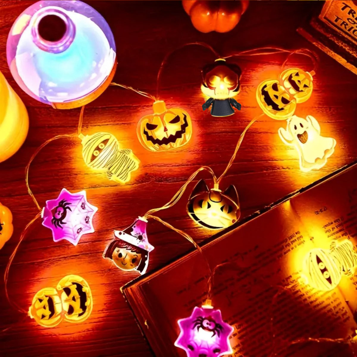 Halloween LED Battery Powered String Lights, Ghost, Witch, Cat, Pumpkin, Spider Web, Skeleton, Mummy & Pirate Shapes
