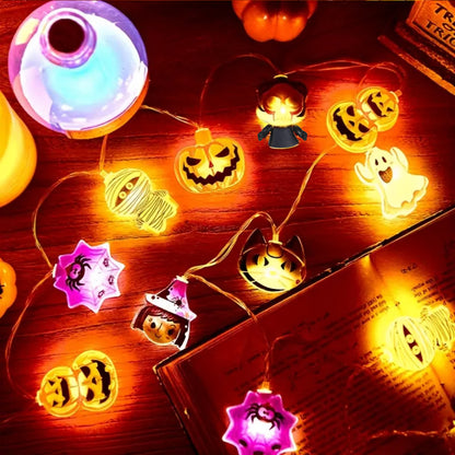 Halloween LED Battery Powered String Lights, Ghost, Witch, Cat, Pumpkin, Spider Web, Skeleton, Mummy & Pirate Shapes