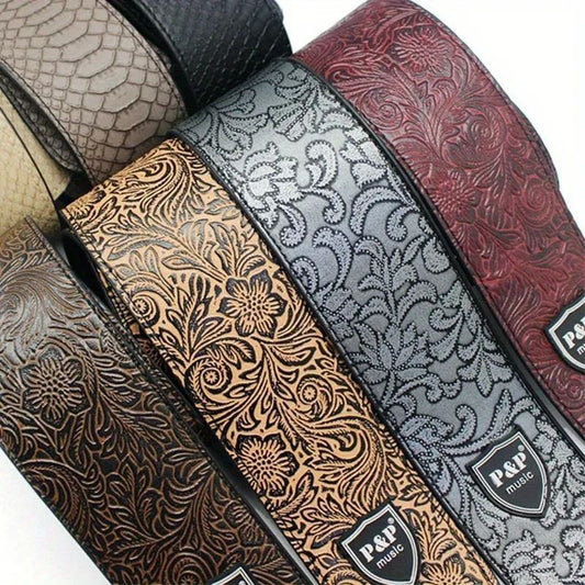 Premium PU Leather Guitar Strap Wide, Adjustable Length, Soft Embroidered Belt for Classical, Electric, Bass Guitar