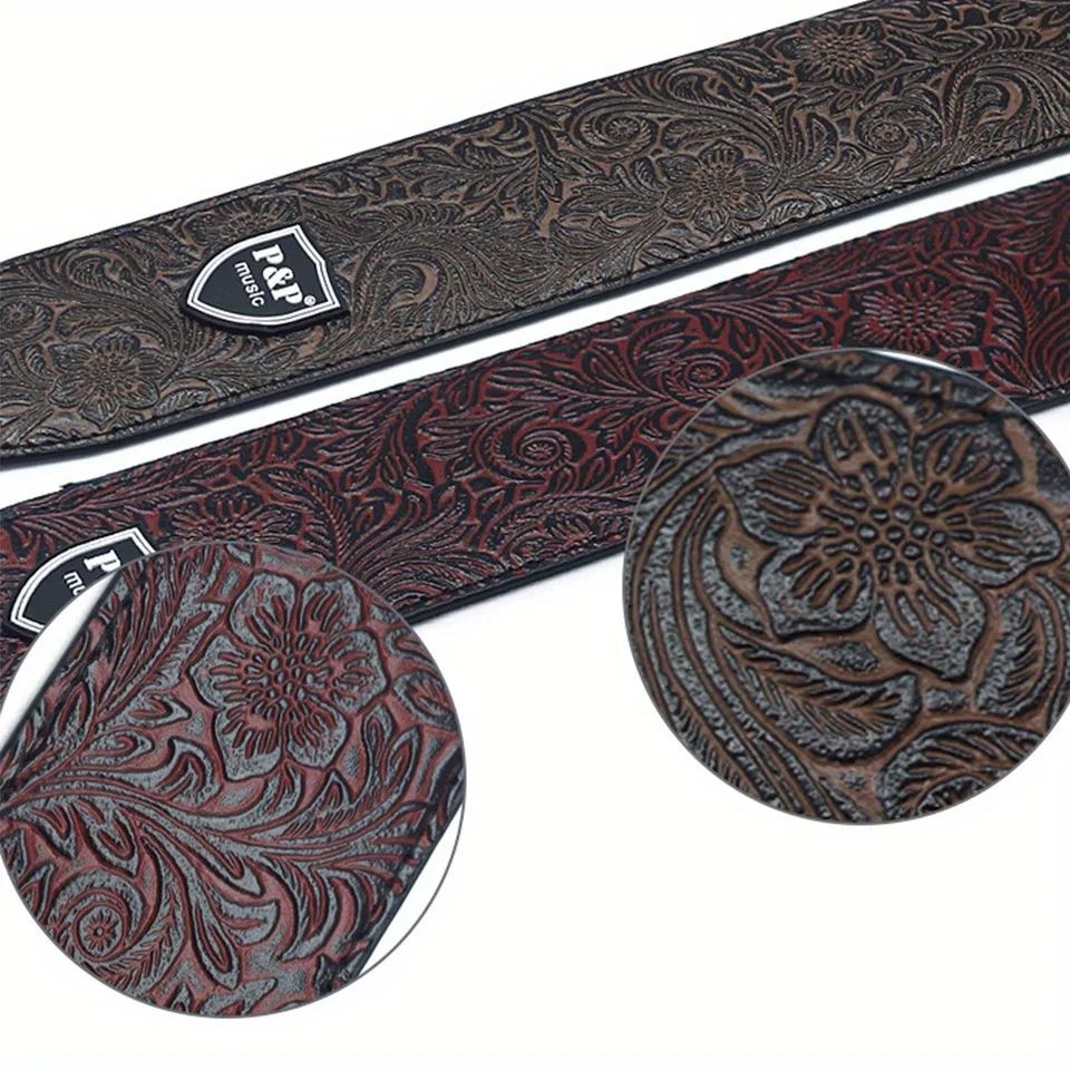Premium PU Leather Guitar Strap Wide, Adjustable Length, Soft Embroidered Belt for Classical, Electric, Bass Guitar