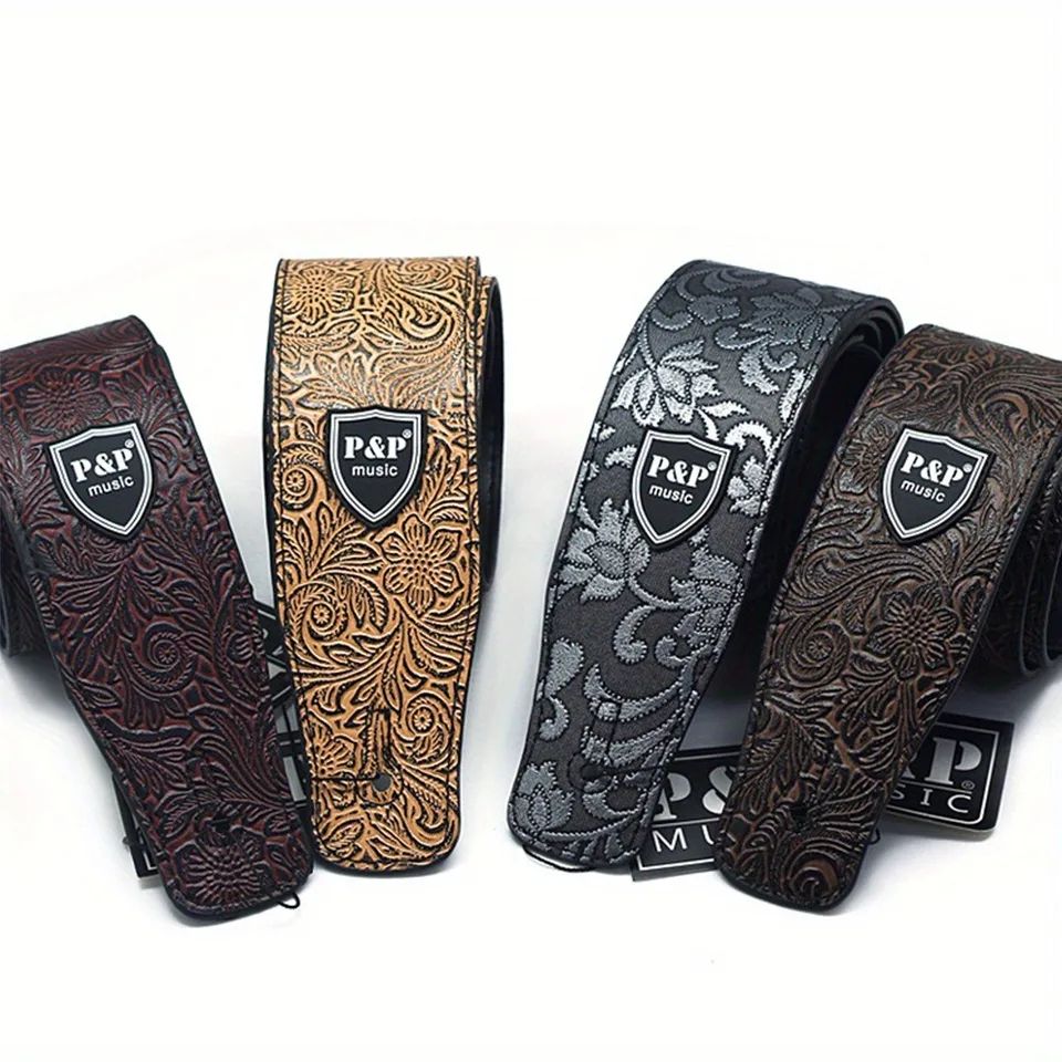 Premium PU Leather Guitar Strap Wide, Adjustable Length, Soft Embroidered Belt for Classical, Electric, Bass Guitar