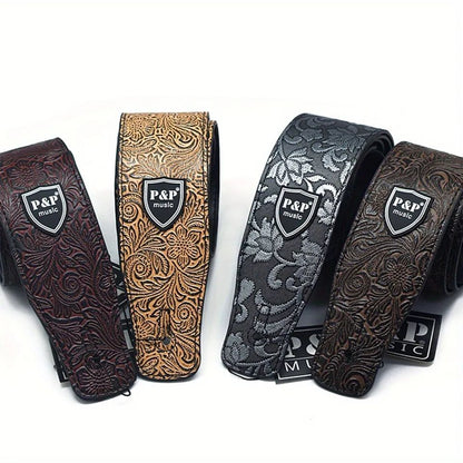 Premium PU Leather Guitar Strap Wide, Adjustable Length, Soft Embroidered Belt for Classical, Electric, Bass Guitar