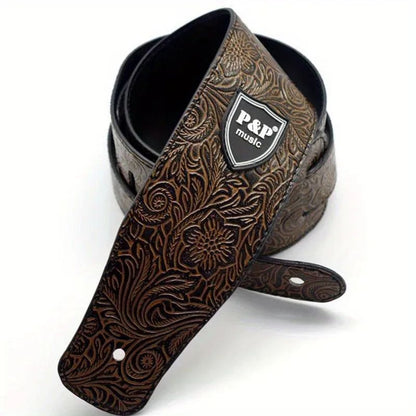 Premium PU Leather Guitar Strap Wide, Adjustable Length, Soft Embroidered Belt for Classical, Electric, Bass Guitar