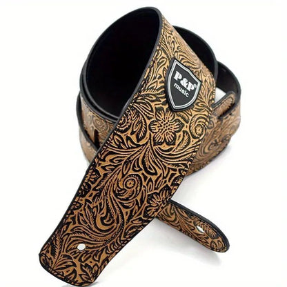 Premium PU Leather Guitar Strap Wide, Adjustable Length, Soft Embroidered Belt for Classical, Electric, Bass Guitar