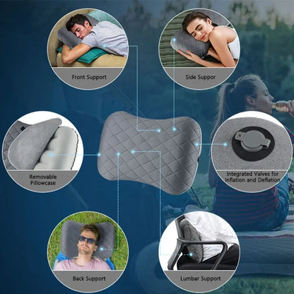 Ergonomic Ultralight Inflatable Travel Camping Pillow, Soft Washable Cover for Neck & Back Support, Portable Air Pillow