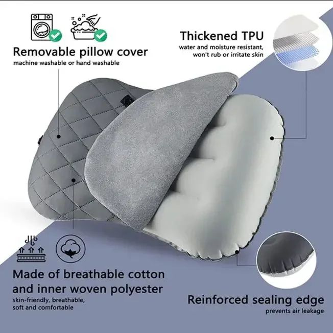 Ergonomic Ultralight Inflatable Travel Camping Pillow, Soft Washable Cover for Neck & Back Support, Portable Air Pillow