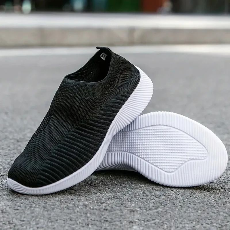 Lightweight Women's Breathable Mesh Sneakers, Solid Color Woven Low Top Walking & Running Sports Socks Shoes