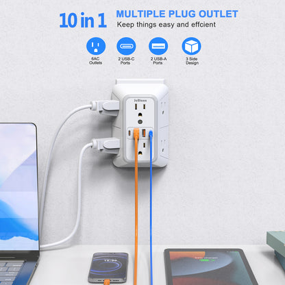 Universal Plug Power Strip, 6 AC Outlets, 4 USB Ports (2 Type-C) Wall Socket with Network Filter & Rapid Charging