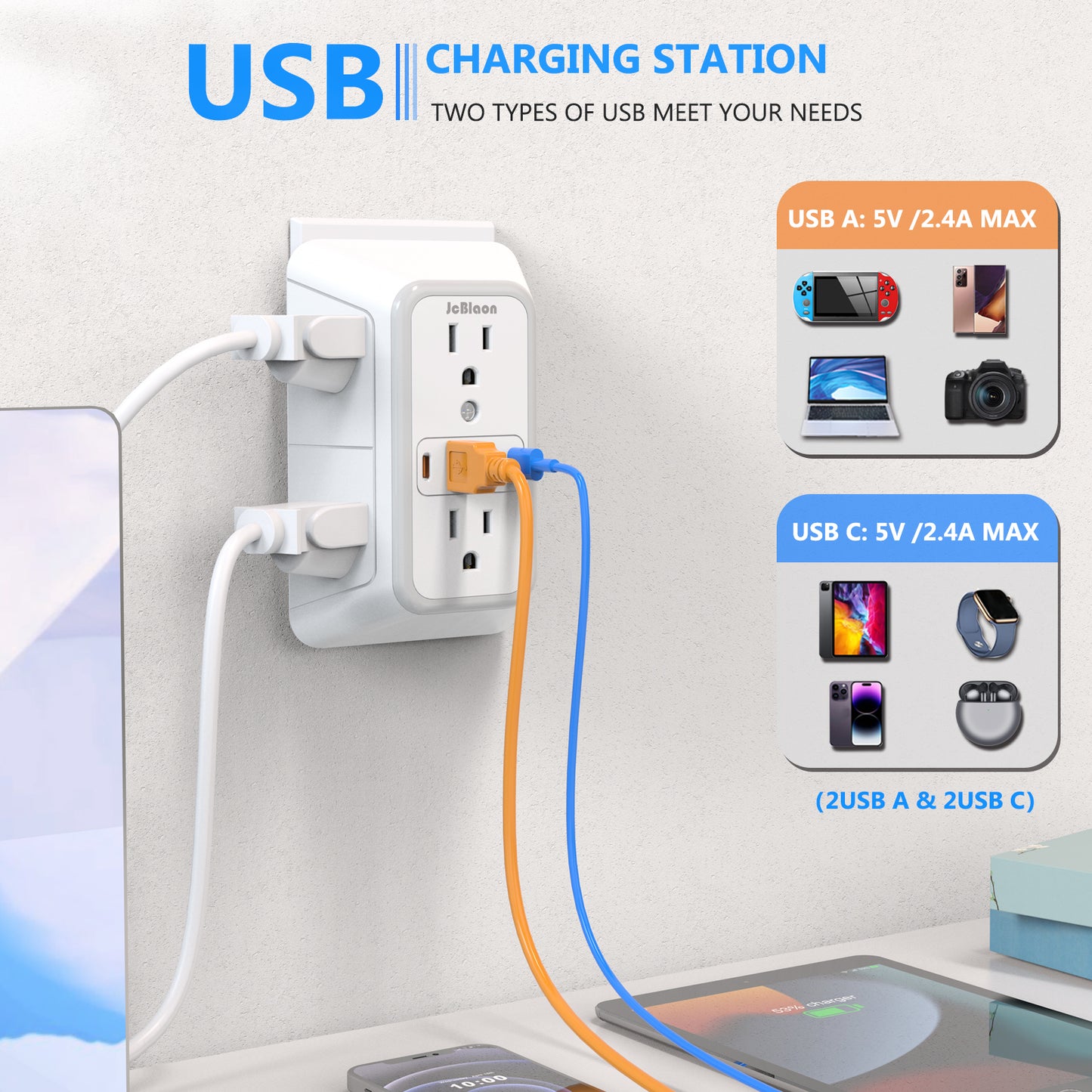Universal Plug Power Strip, 6 AC Outlets, 4 USB Ports (2 Type-C) Wall Socket with Network Filter & Rapid Charging