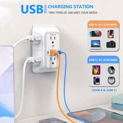 Universal Plug Power Strip, 6 AC Outlets, 4 USB Ports (2 Type-C) Wall Socket with Network Filter & Rapid Charging