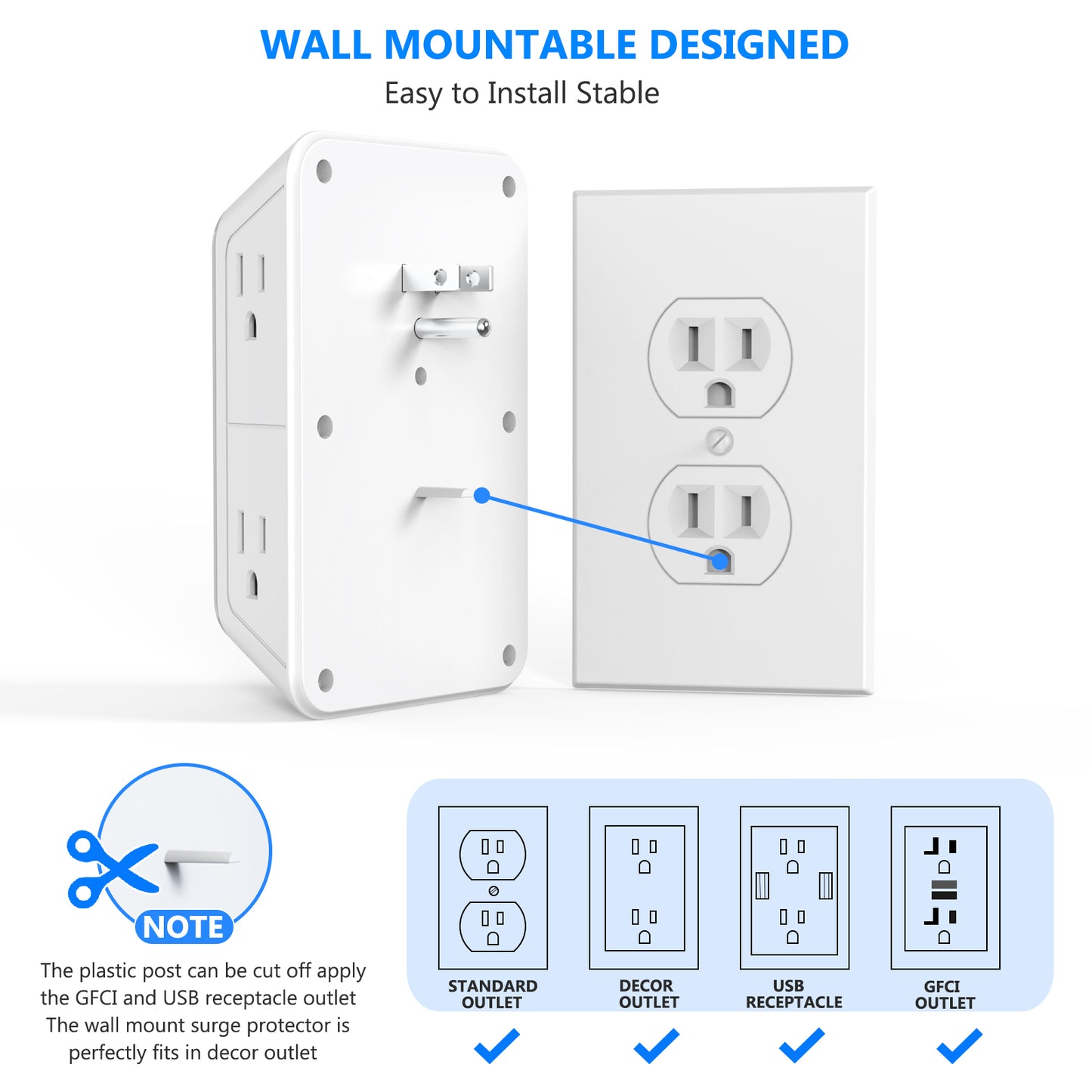 Universal Plug Power Strip, 6 AC Outlets, 4 USB Ports (2 Type-C) Wall Socket with Network Filter & Rapid Charging