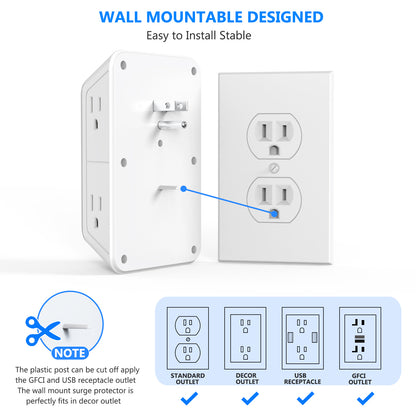 Universal Plug Power Strip, 6 AC Outlets, 4 USB Ports (2 Type-C) Wall Socket with Network Filter & Rapid Charging