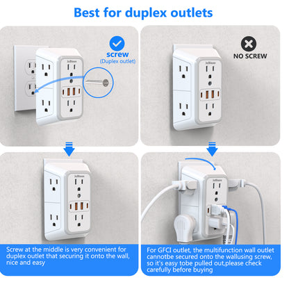 Universal Plug Power Strip, 6 AC Outlets, 4 USB Ports (2 Type-C) Wall Socket with Network Filter & Rapid Charging