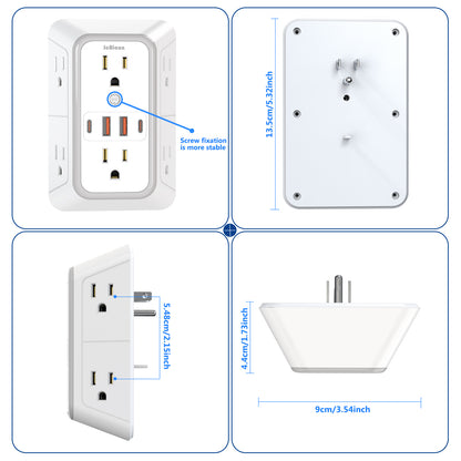 Universal Plug Power Strip, 6 AC Outlets, 4 USB Ports (2 Type-C) Wall Socket with Network Filter & Rapid Charging