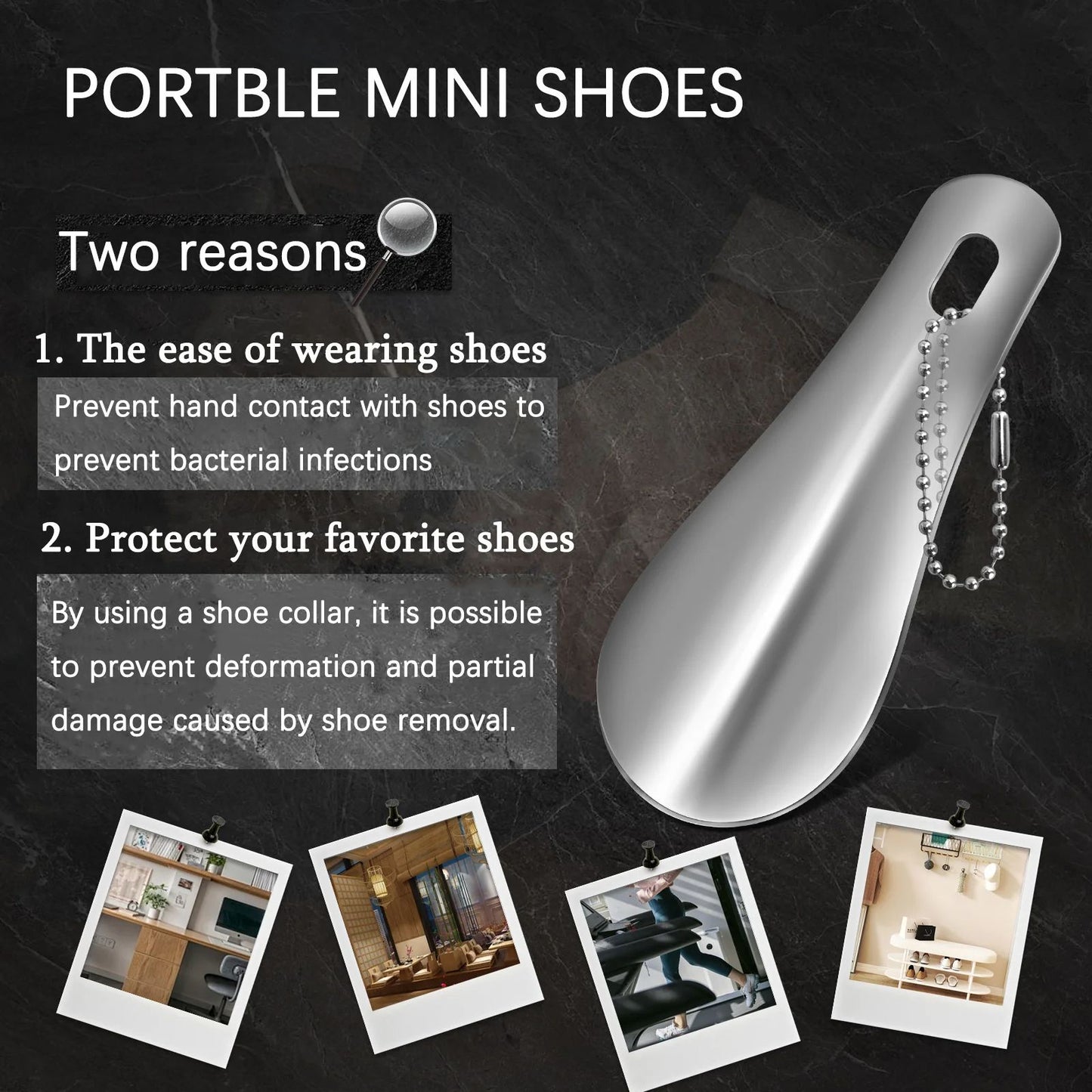 Portable Mini Black Shoehorn, Stainless Steel Durable Shoe Horn with Key Ring, Compact Travel Footwear Accessory Tool