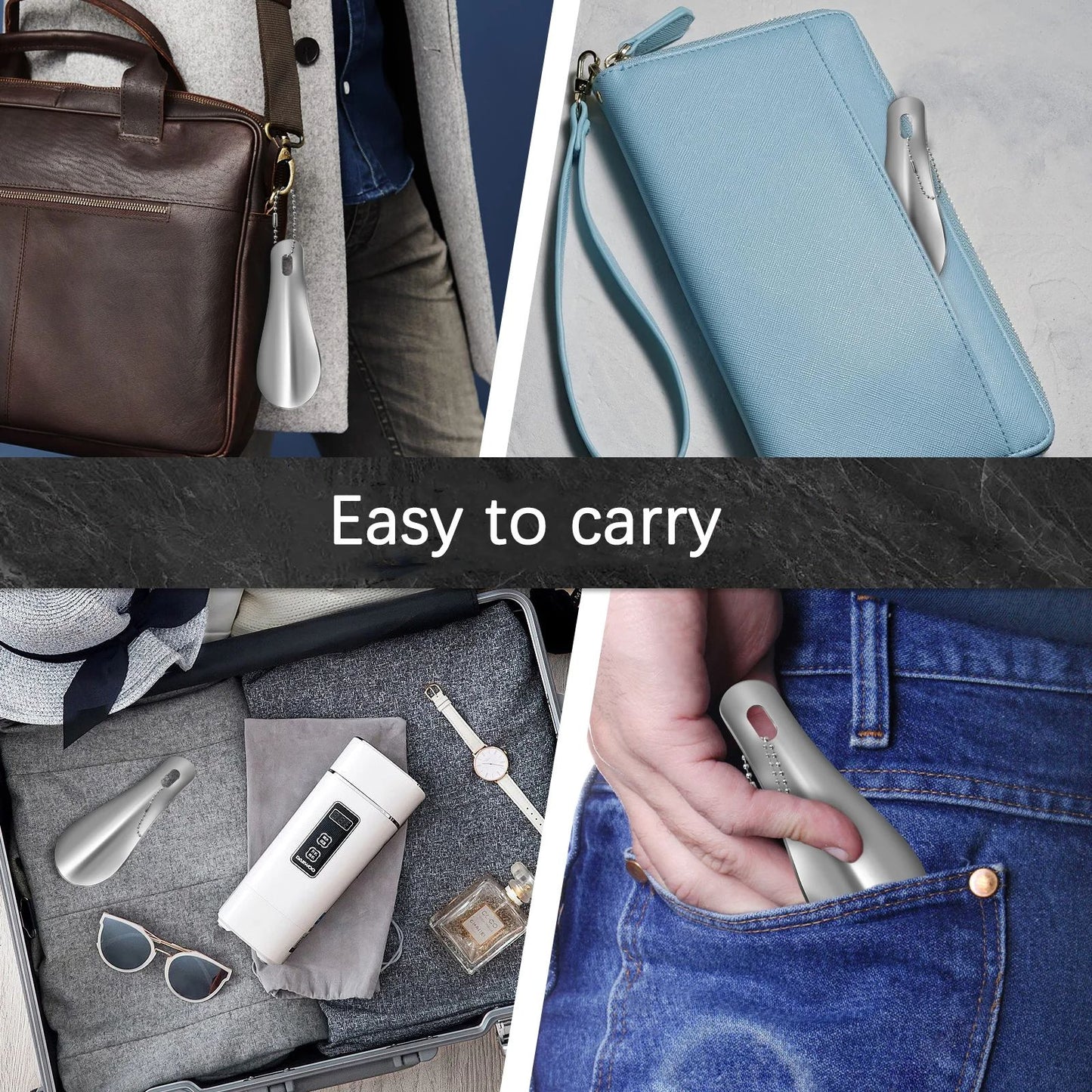 Portable Mini Black Shoehorn, Stainless Steel Durable Shoe Horn with Key Ring, Compact Travel Footwear Accessory Tool