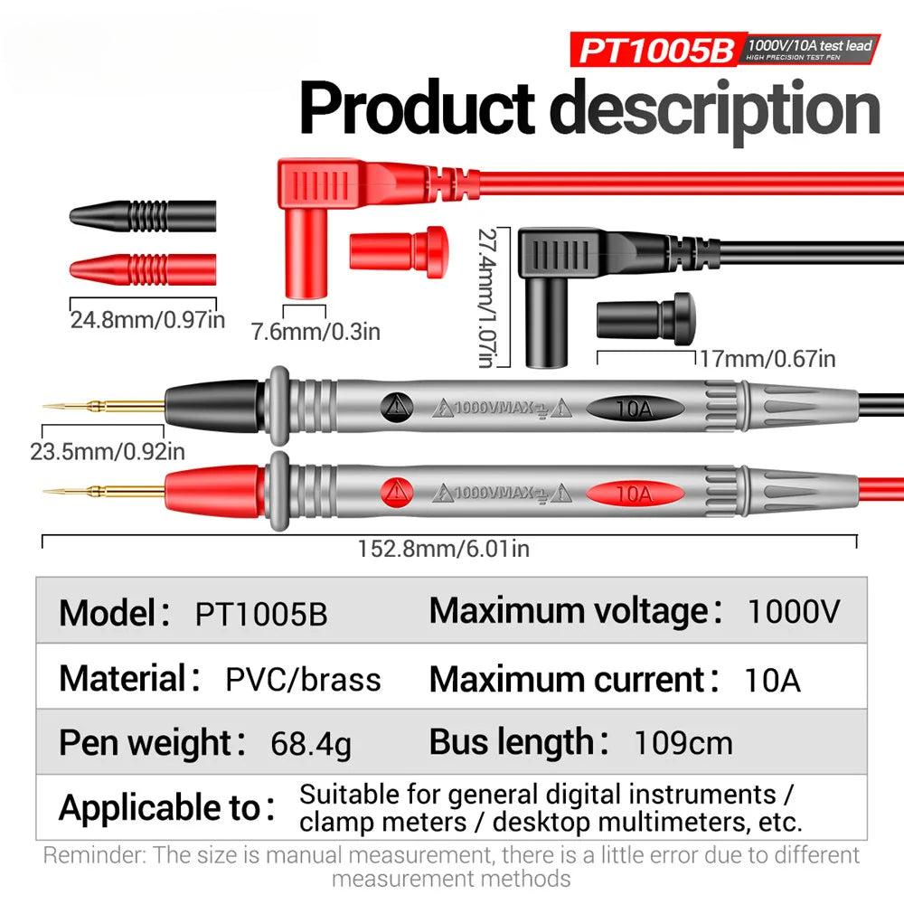 PT1005B 1000V 10A Multimeter Test Leads, Universal Needle Tip Probe Wire Pen for Digital Multi Meter Tester